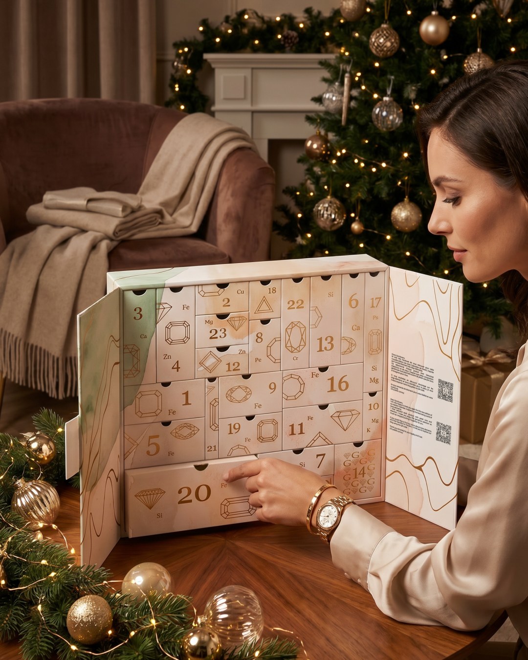 Kvinne åpner en luke i Gemology adventskalender 2026
