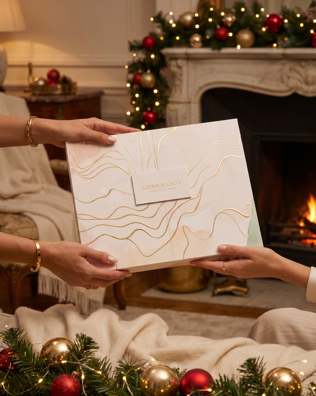 Gemology adventskalender 2026 gis bort som julegave foran peisen